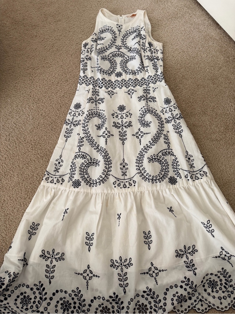 Tory Burch White Midi Dress with Navy Embroidery